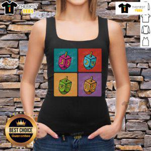 Colorful pop art tank top featuring a funny Hanukkah dreidel design, perfect for festive celebrations and holiday spirit.