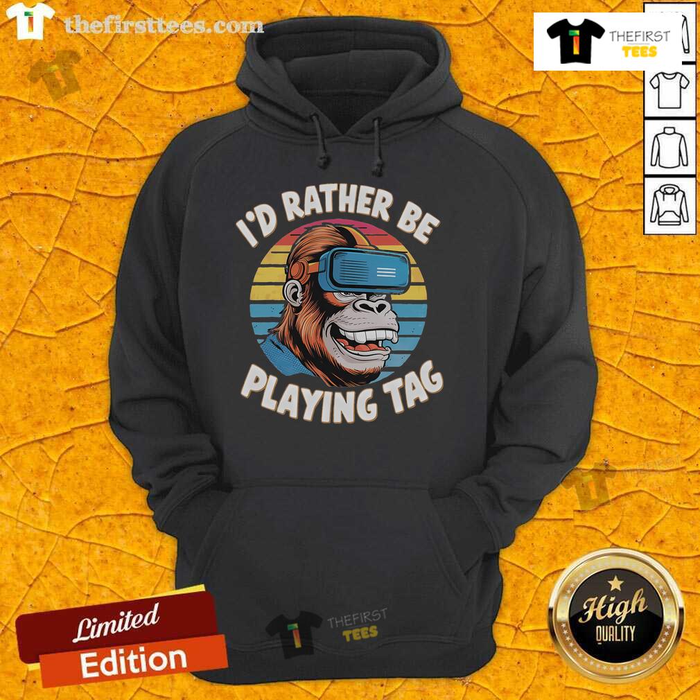 Funny 'I'd Rather Be Playing Tag' Gorilla Monke hoodie design with retro sunset background, perfect for casual wear.