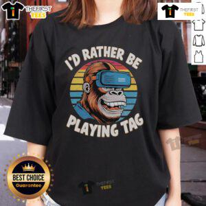 Funny 'I'd Rather Be Playing Tag' Gorilla Monke retro sunset ladies tee design featuring a playful gorilla silhouette.