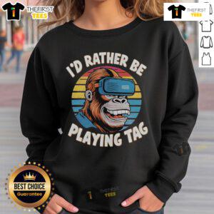 Funny 'I'd Rather Be Playing Tag' Gorilla Monke sweatshirt design with a retro sunset background.
