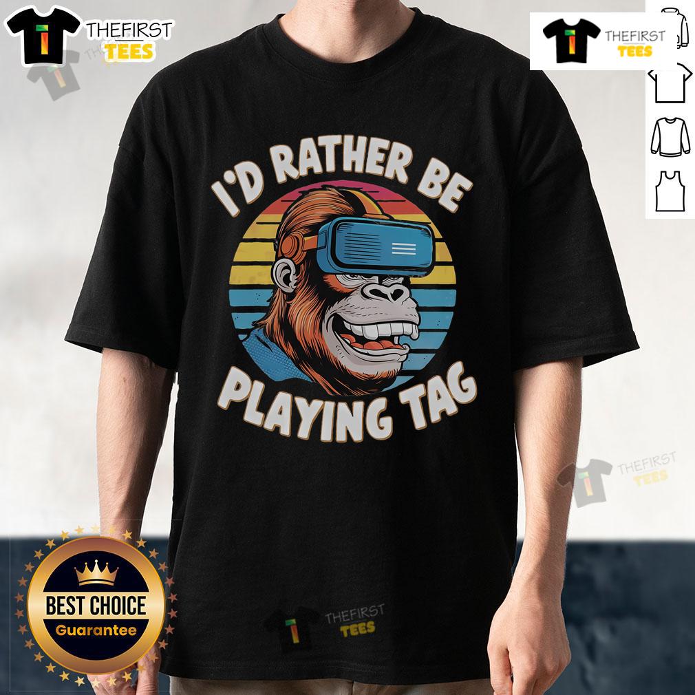 Alt Text: Retro sunset graphic on a t-shirt featuring a funny I'd Rather Be Playing Tag Gorilla Monke design.
