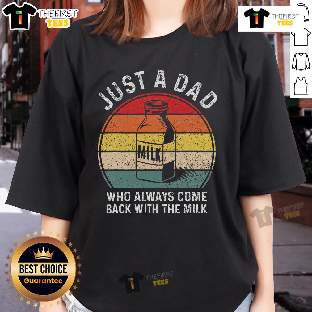 Funny retro sunset tee featuring 'Just a Dad Who Always Comes Back with Milk' slogan, perfect for casual wear.