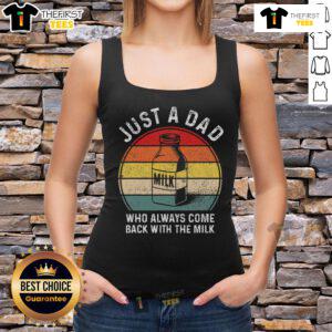 Funny dad tank top featuring retro sunset design and 'Just a Dad Who Always Comes Back with Milk' slogan.