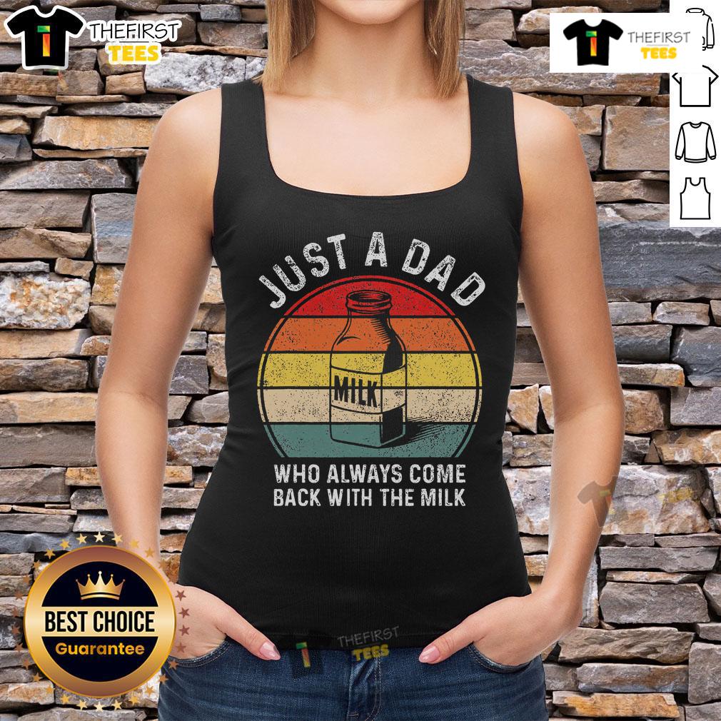Funny dad tank top featuring retro sunset design and 'Just a Dad Who Always Comes Back with Milk' slogan.