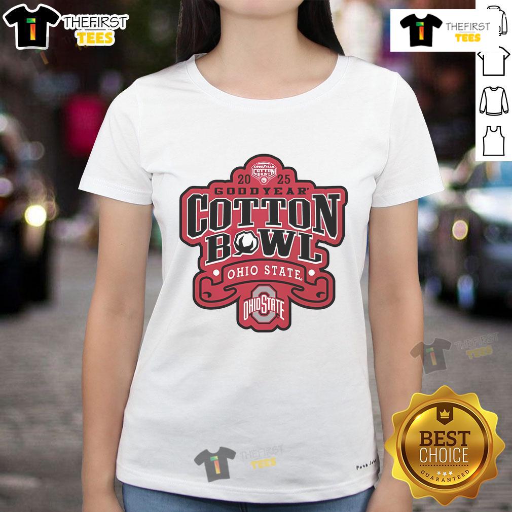 Ohio State Buckeyes 2025 Goodyear Cotton Bowl Bound ladies tee, celebrating college football playoff semifinal.