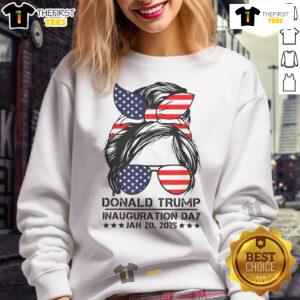 Funny Trump girl in messy bun sweatshirt celebrating Hot Inauguration Day 2025, showcasing humor and political style.
