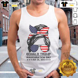 Girl in a tank top with a messy bun, humorously celebrating Hot Inauguration Day 2025 with a funny Trump theme.
