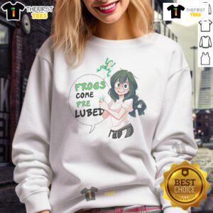 Hot My Hero Academia Frogs Come Pre-Lubed meme sweatshirt featuring vibrant graphics and a cozy design.