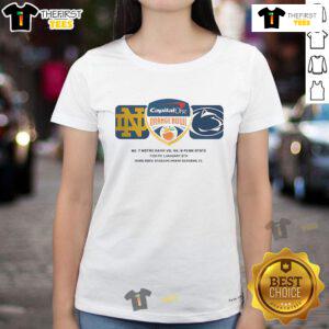 Hot Orange Bowl No. 7 Notre Dame Fighting Irish vs No. 6 Penn State Nittany Lions matchup on a ladies tee shirt.