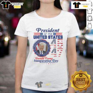 Hot Trump 2024 President 45 and 47 ladies tee featuring American flag design, perfect for supporters and patriotic events.