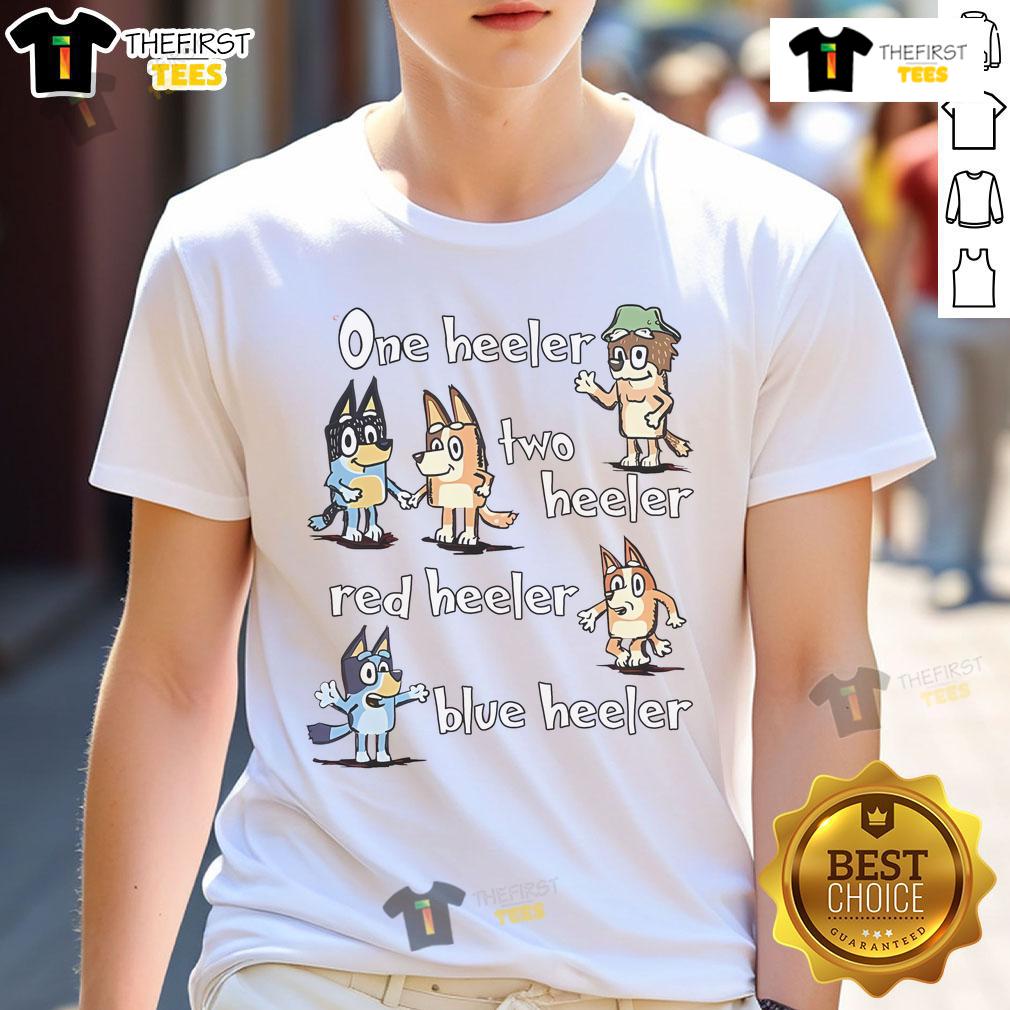 Nice Bluey One Heeler Two Heeler Red Blue T-Shirt featuring playful dog graphics, perfect for dog lovers and fans.