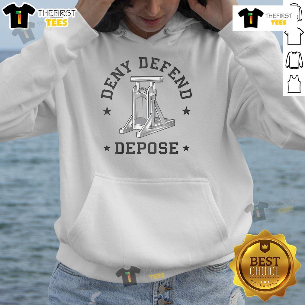 Stylish Nice Deny Defend Depose Hoodie in black, featuring bold text design, perfect for casual wear and street fashion.