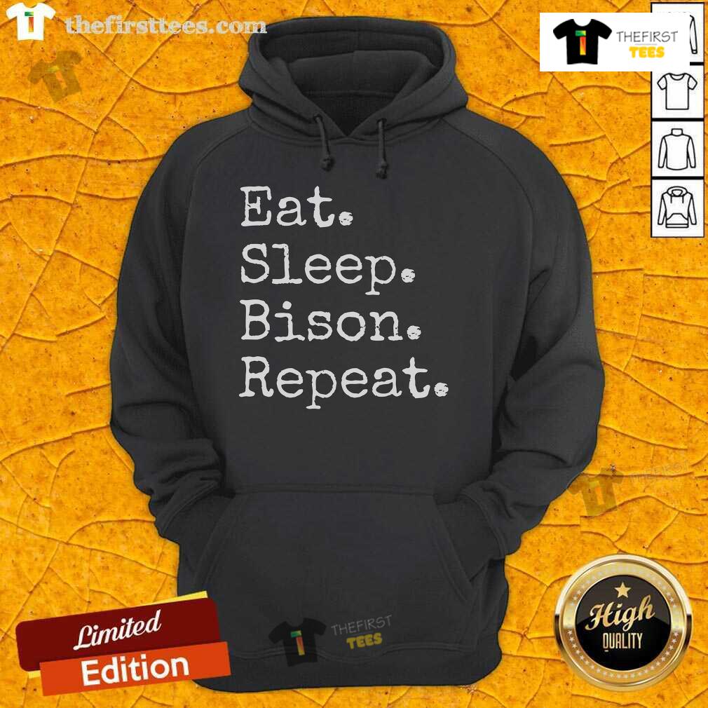 Cozy bison-themed hoodie featuring 'Eat, Sleep, Bison, Repeat' design for wildlife lovers and outdoor enthusiasts.