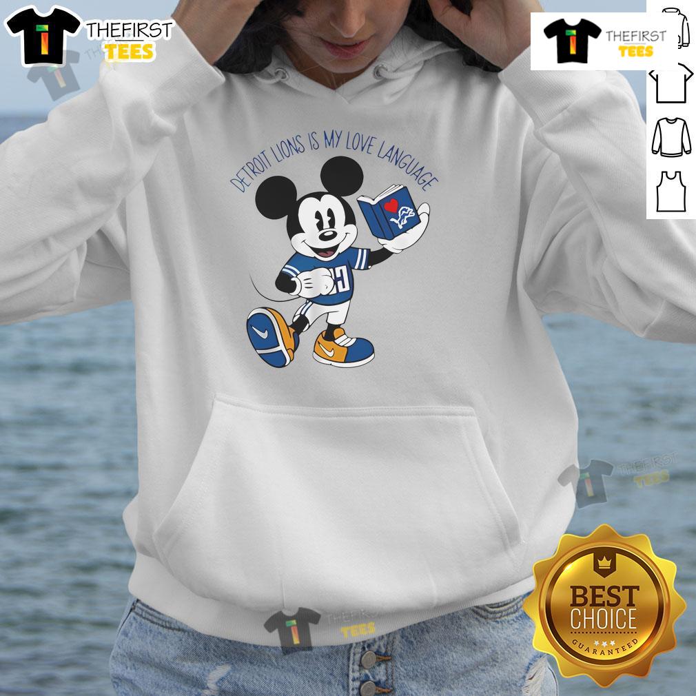 2024 Official Detroit Lions Is My Love Language Disney Mickey Hoodie, featuring vibrant graphics and cozy design.