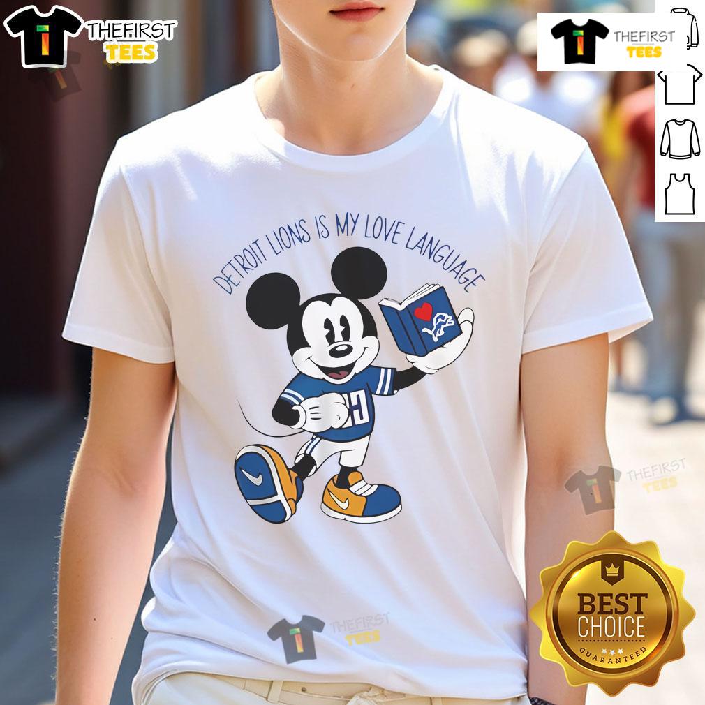 Official Detroit Lions Is My Love Language Disney Mickey Book 2024 T-Shirt featuring Mickey Mouse and team colors.