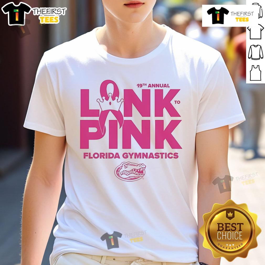 Official Florida Gators 2025 Gymnastics Link To Pink T-Shirt featuring vibrant graphics and team logo for fans.