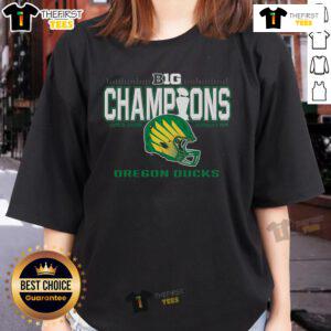 Official Oregon Ducks Big Ten Football Champions 2024 Strong Hold ladies tee in vibrant green, perfect for fans.