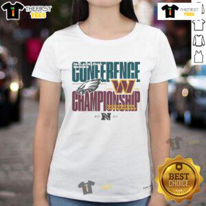 Official Philadelphia Eagles vs Washington Commanders 2024 NFC Championship ladies tee featuring team logos and vibrant design.