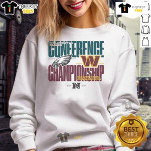 Official Philadelphia Eagles vs Washington Commanders 2024 NFC Championship sweatshirt featuring team logos and vibrant colors.