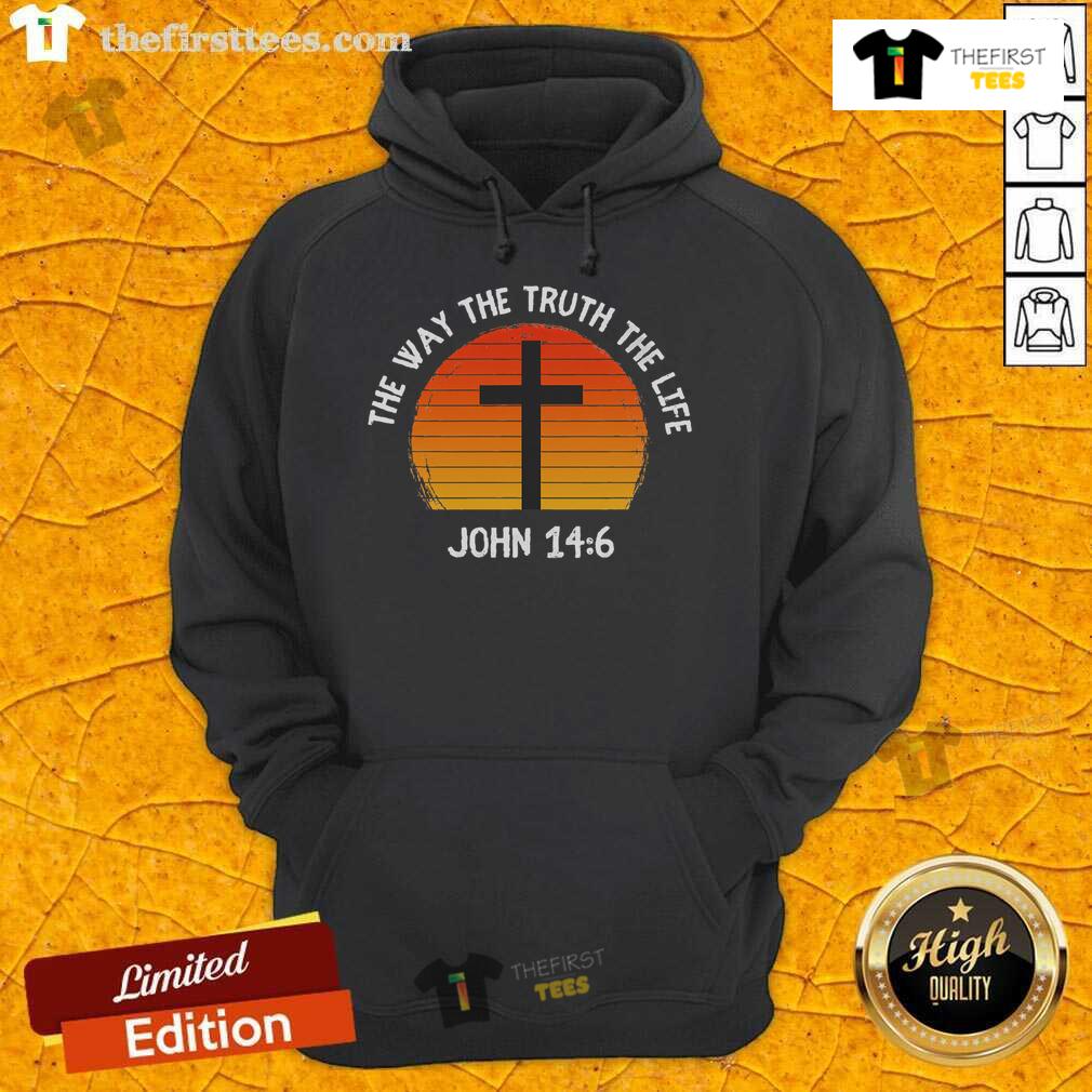 Sunset hoodie featuring 'The Way, The Truth, The Life, John 14:6' design, perfect for inspirational fashion and faith wear.