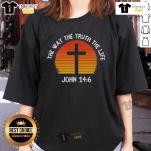 Official The Way The Truth The Life John 14:6 sunset ladies tee showcasing a vibrant sunset design with inspirational text.