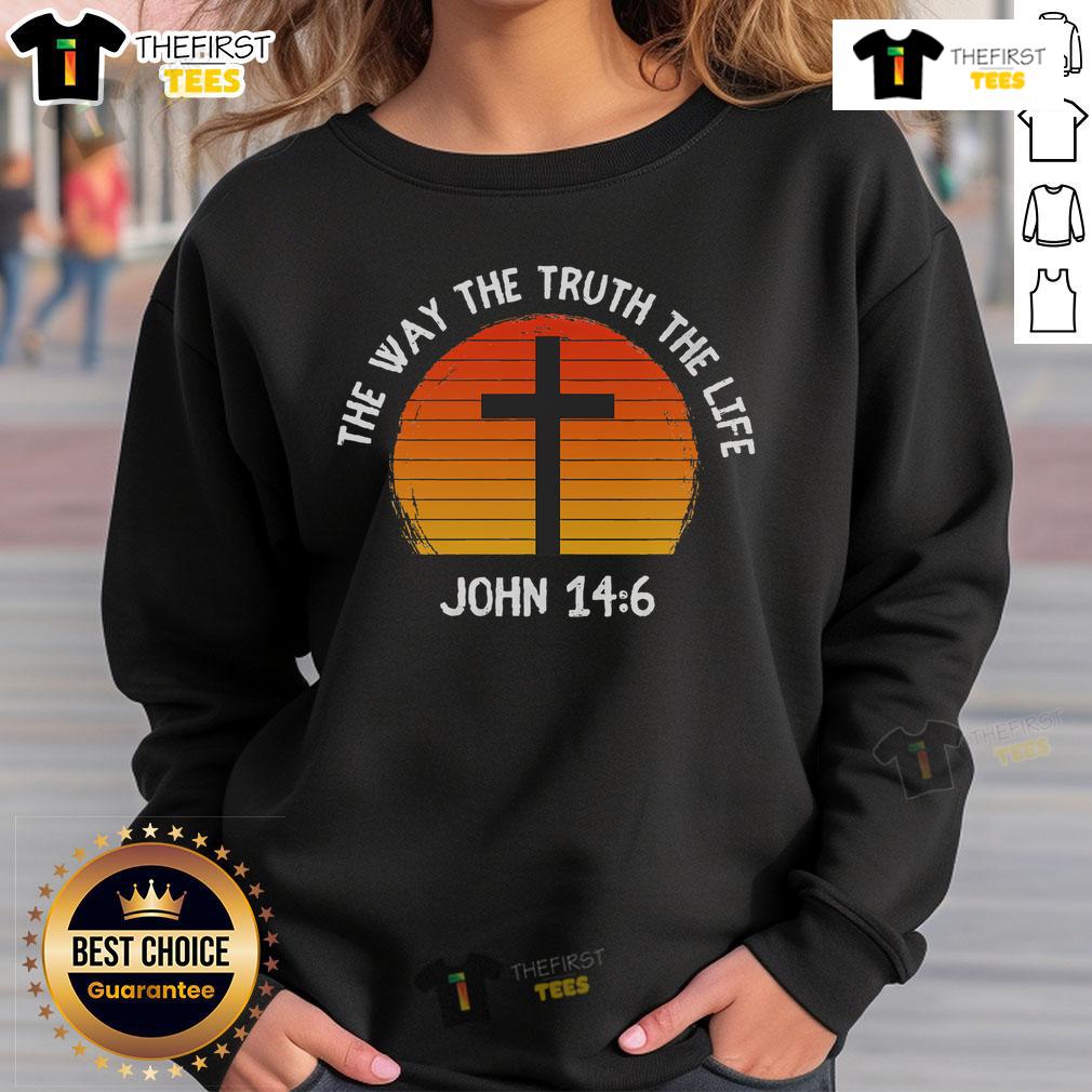 Official The Way The Truth The Life John 14:6 Sunset Sweatshirt featuring a vibrant sunset design and inspirational quote.