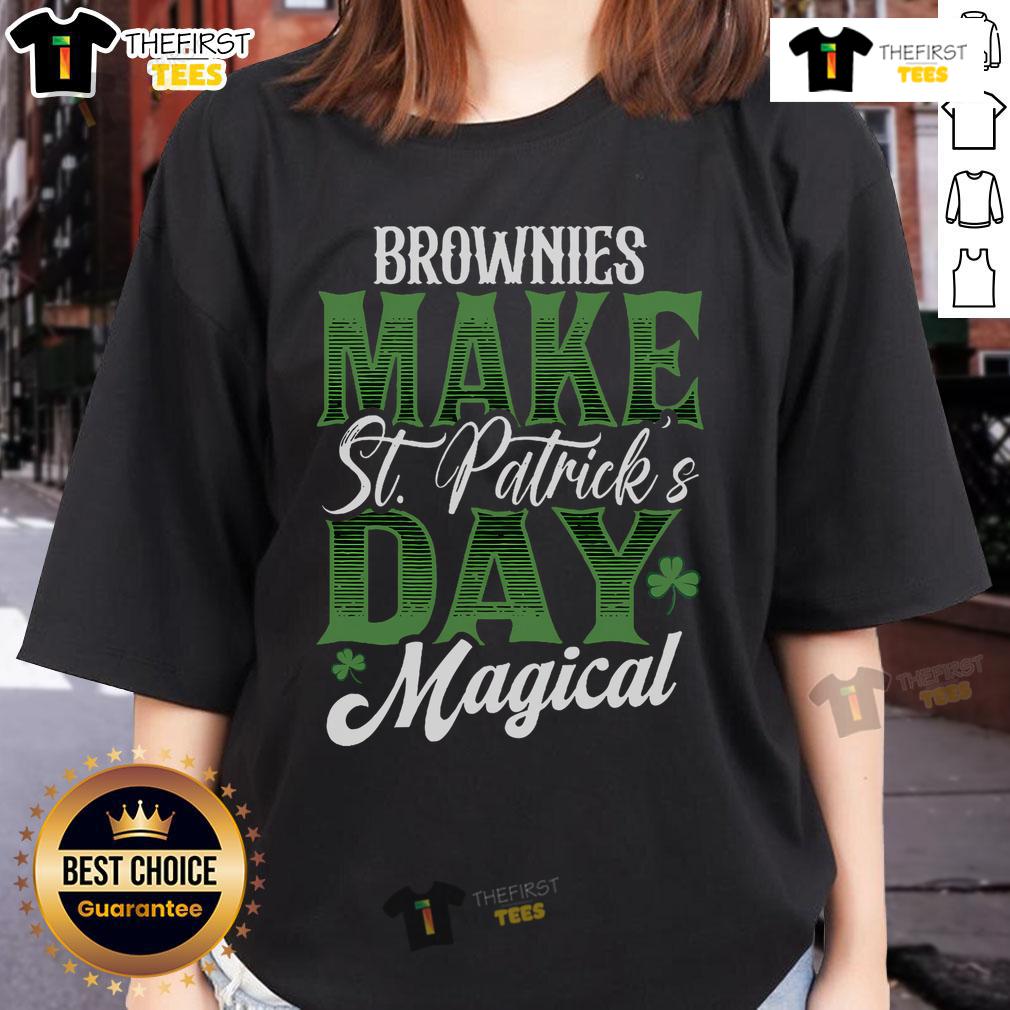 Top brownies for St. Patrick's Day magic on a ladies tee, featuring festive green and gold design.