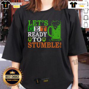 St. Patrick's Day ladies tee featuring 'Let's Get Ready to Stumble' design with beer graphics, perfect for festive celebrations.