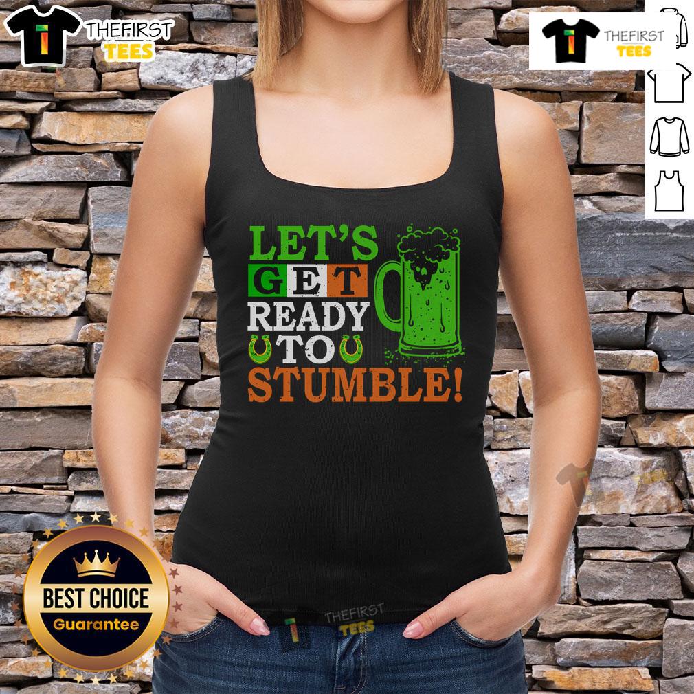 St. Patrick's Day tank top featuring 'Let's Get Ready to Stumble' text design, perfect for celebrating with beer.