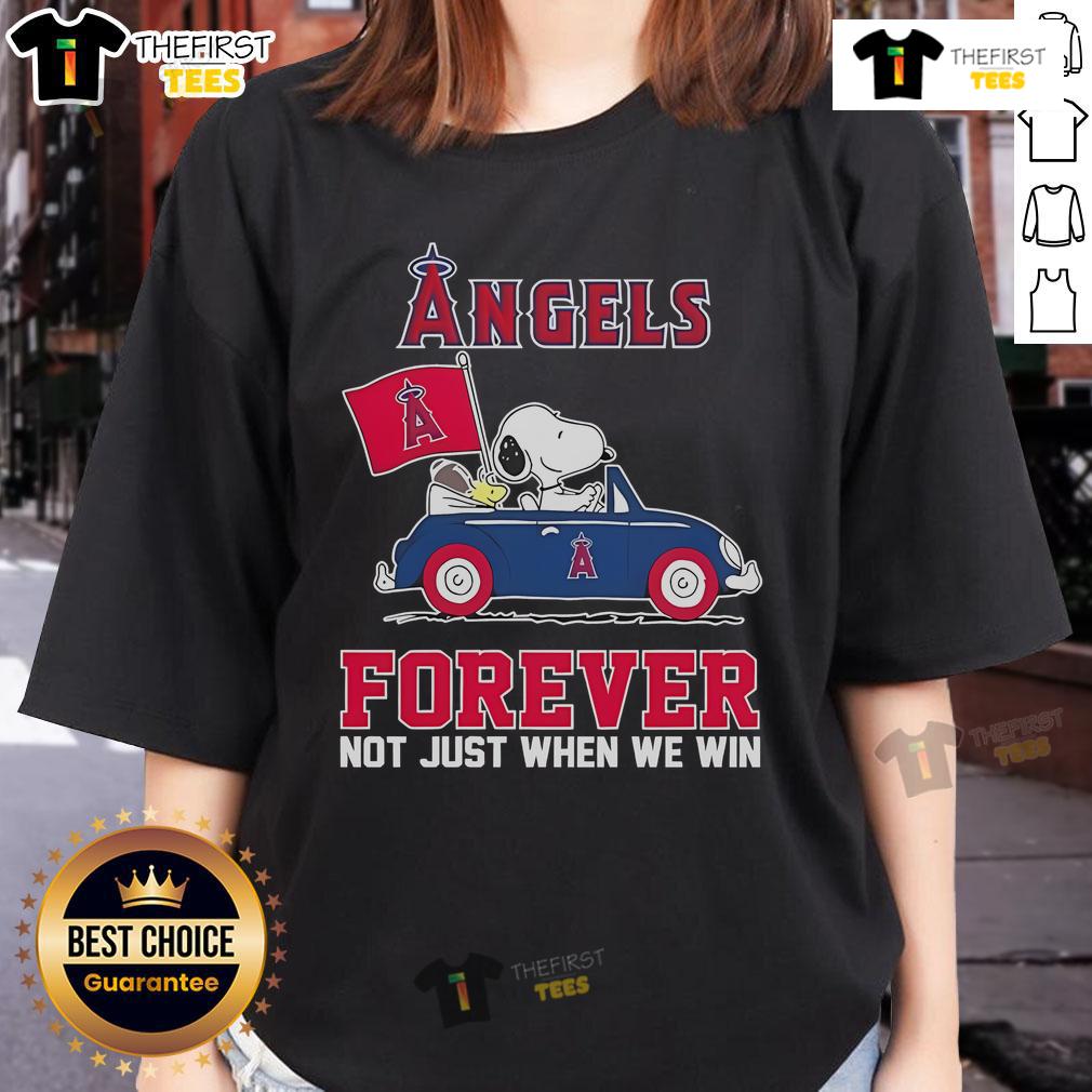 Alt Text: Snoopy and Woodstock driving a car, showcasing the Los Angeles Angels 2024 tee, Forever, Not Just When We Win.