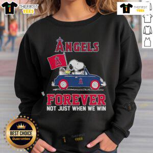 Top Snoopy and Woodstock driving a car on a Los Angeles Angels sweatshirt, celebrating 'Forever, Not Just When We Win 2024'.