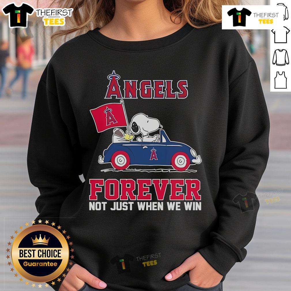 Top Snoopy and Woodstock driving a car on a Los Angeles Angels sweatshirt, celebrating 'Forever, Not Just When We Win 2024'.