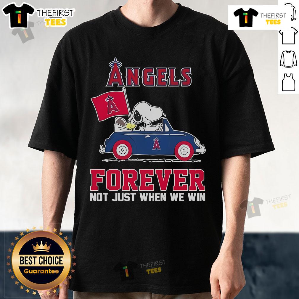 Snoopy and Woodstock driving a car on a Los Angeles Angels T-shirt, celebrating 2024 with a fun message.