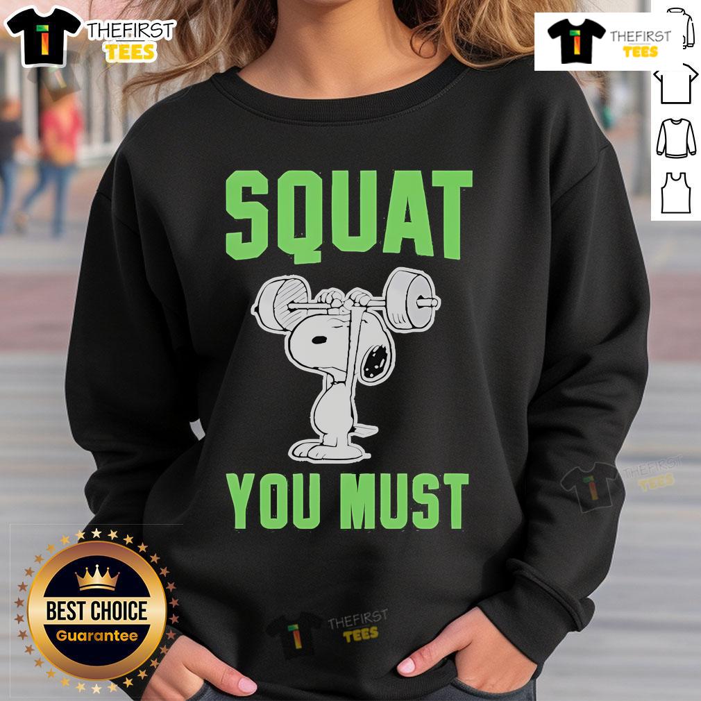 Cozy Top Snoopy Squat You Must Sweatshirt featuring a playful Snoopy graphic, perfect for casual wear and fitness enthusiasts.