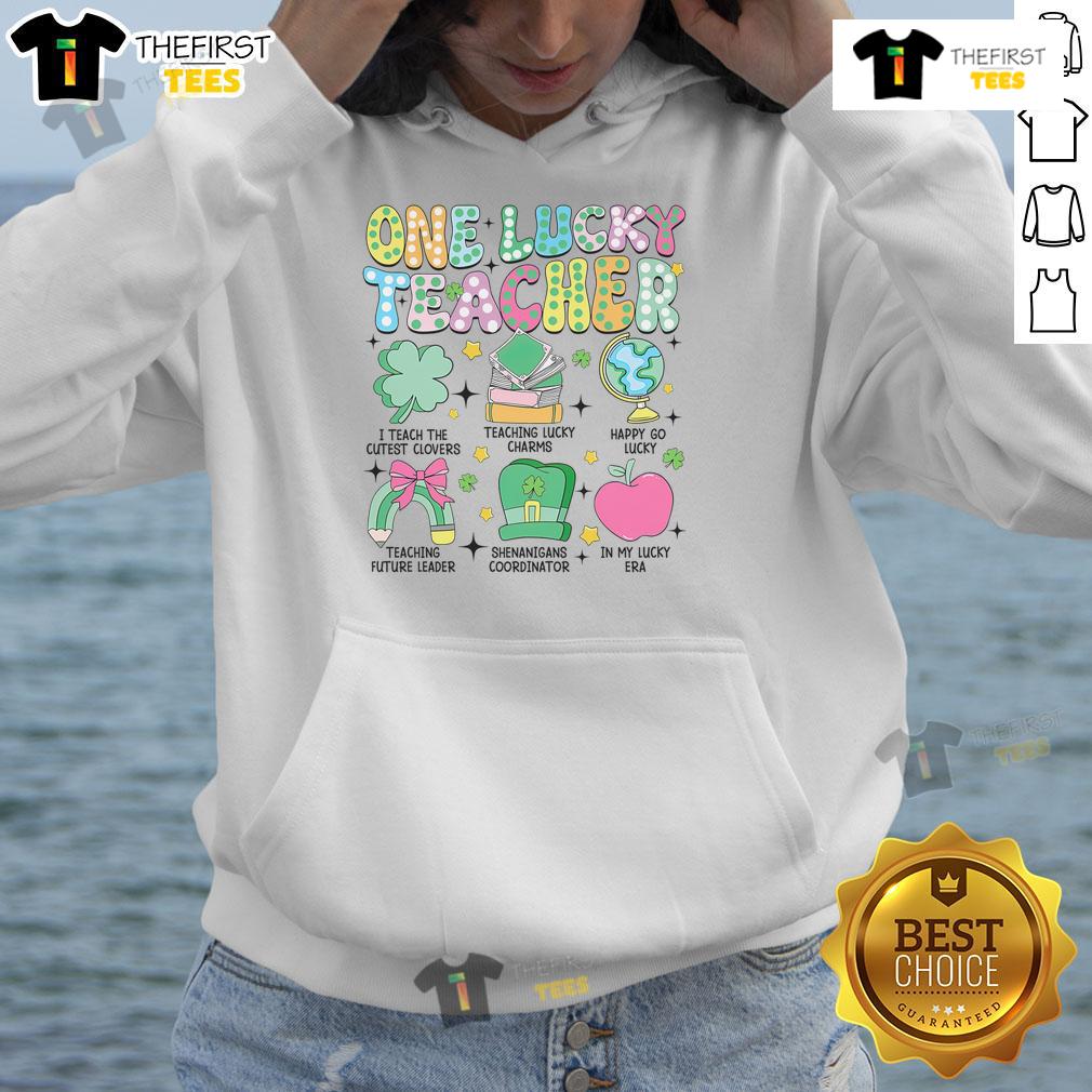 Retro St. Patrick's Day hoodie featuring a lucky shamrock and clover design for teachers, perfect for festive celebrations.