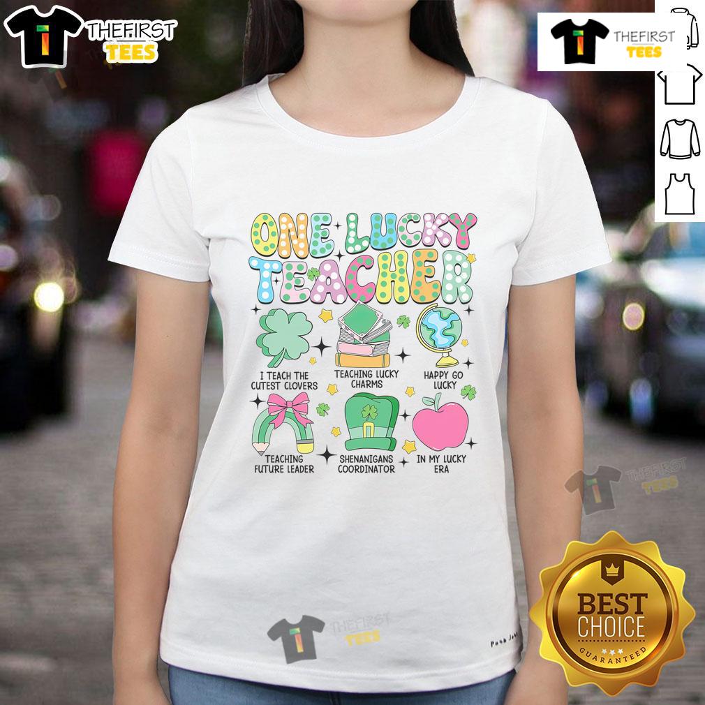 Retro St. Patrick's Day tee featuring a shamrock and clover design, perfect for lucky teachers celebrating the holiday.