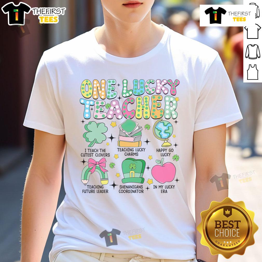 Good One Lucky Teacher St Patrick's Day Shamrock Retro Clover T-Shirt design featuring vibrant green clovers and fun typography.