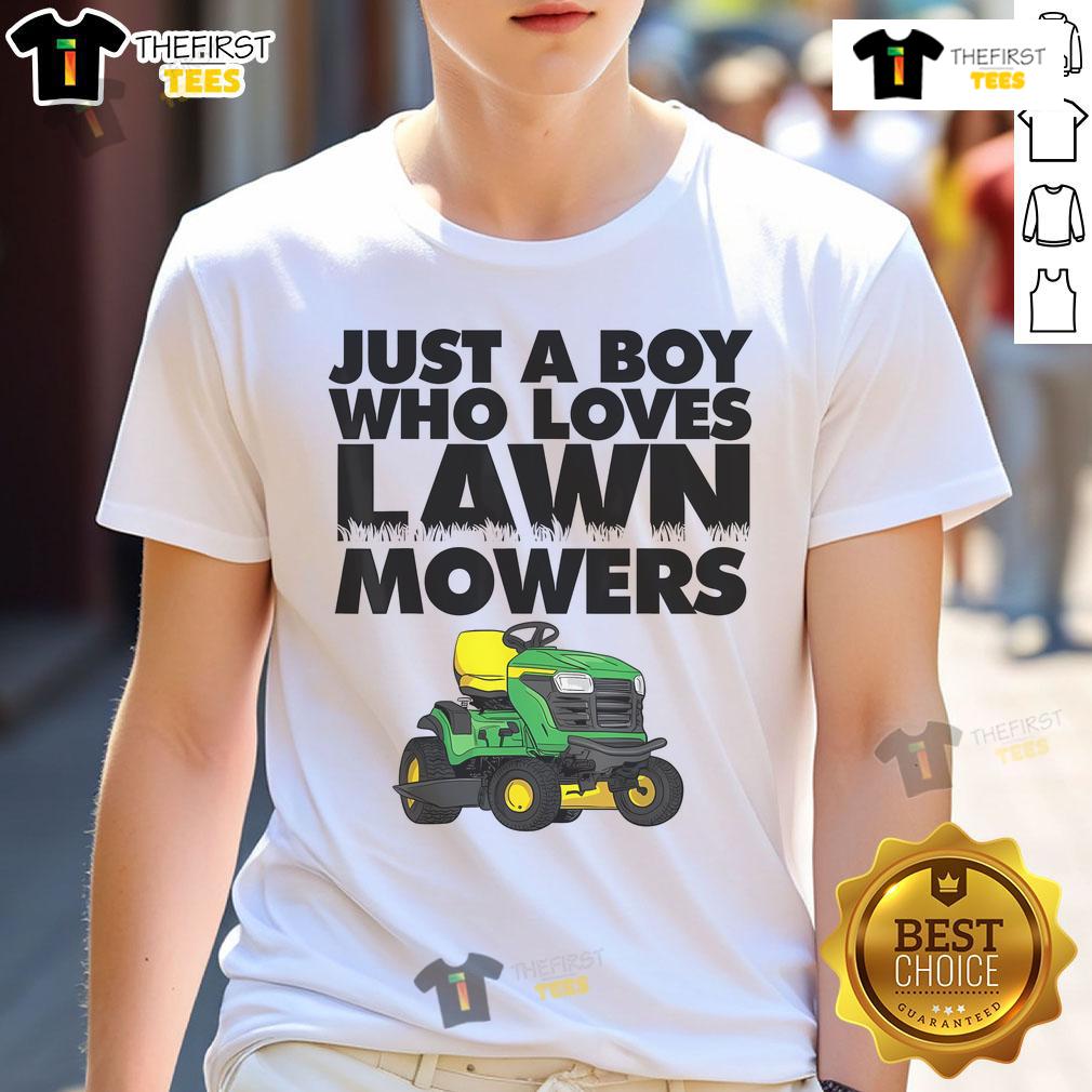 Boy wearing a 'Just A Boy Who Loves Lawn Mowers' T-shirt, showcasing his passion for lawn care and outdoor activities.