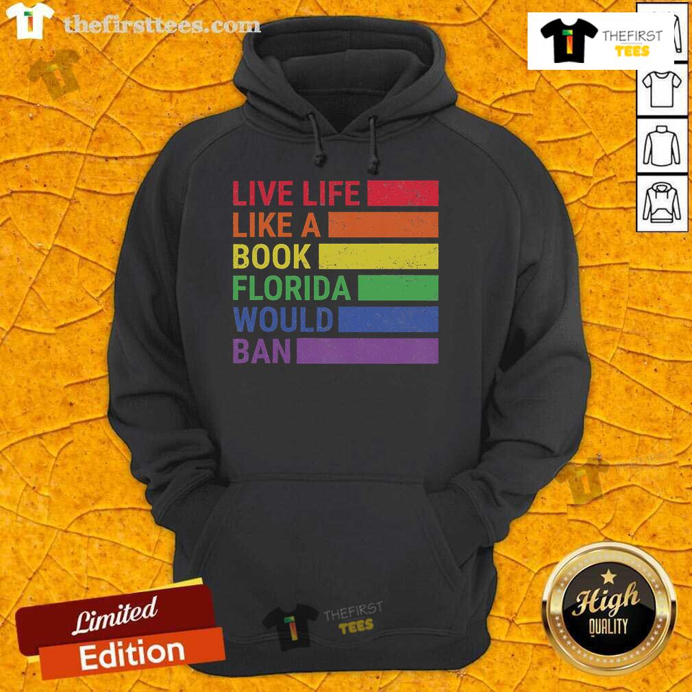 Vintage Pride Month hoodie with 'Live Life Like A Book' design, showcasing colorful graphics in a sunny Florida setting.