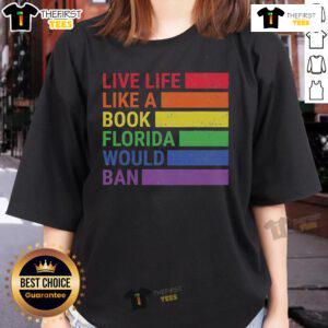 Vintage Pride Month ladies' tee with 'Live Life Like a Book' design, perfect for celebrating LGBTQ+ pride in Florida.