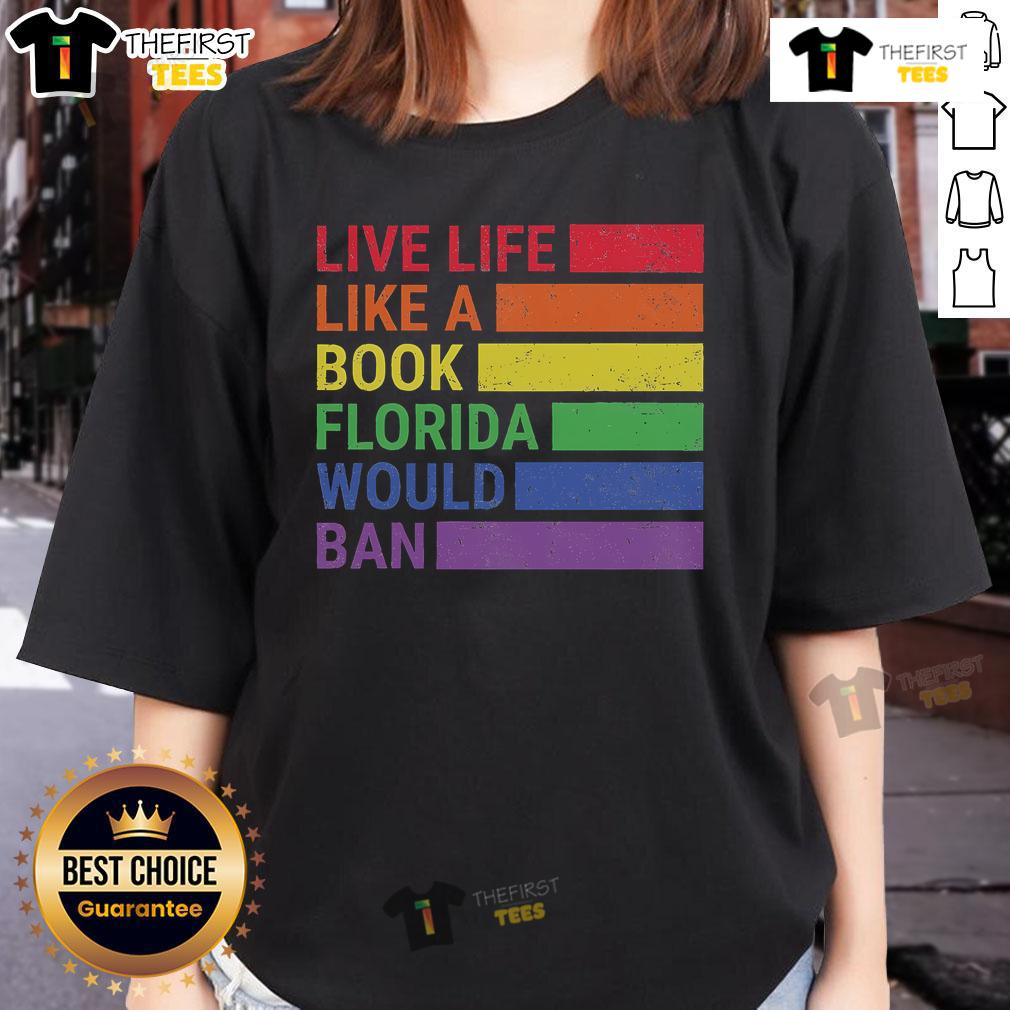 Vintage Pride Month ladies' tee with 'Live Life Like a Book' design, perfect for celebrating LGBTQ+ pride in Florida.