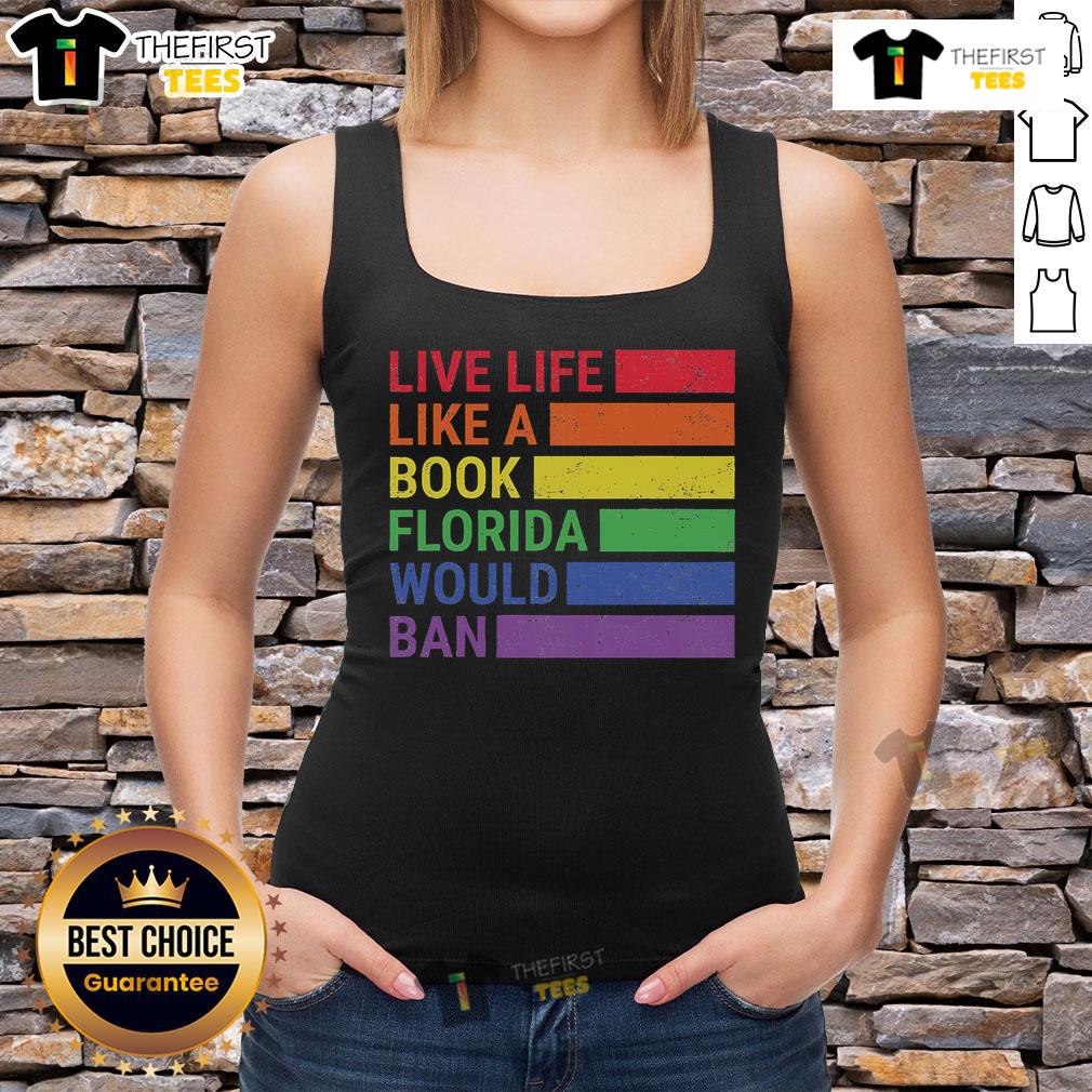 Vintage Pride Month tank top with 'Live Life Like a Book' slogan, perfect for celebrating diversity in Florida.