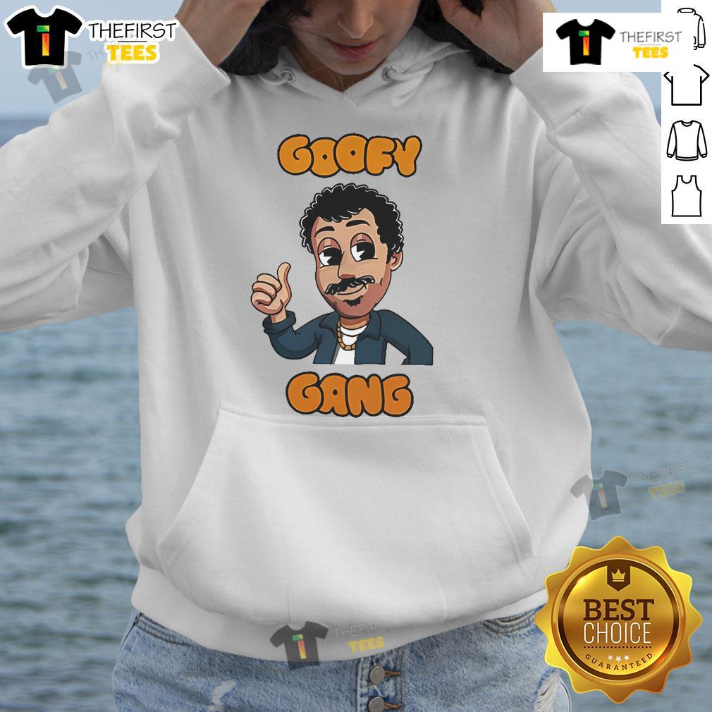 Nice Morgan Jay wearing a Goofy Gang hoodie, showcasing a trendy urban style and playful vibe.