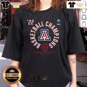 Official Arizona Wildcats 2022 PAC-12 Basketball Tournament Champions Ladies Tee featuring team colors and logo design.
