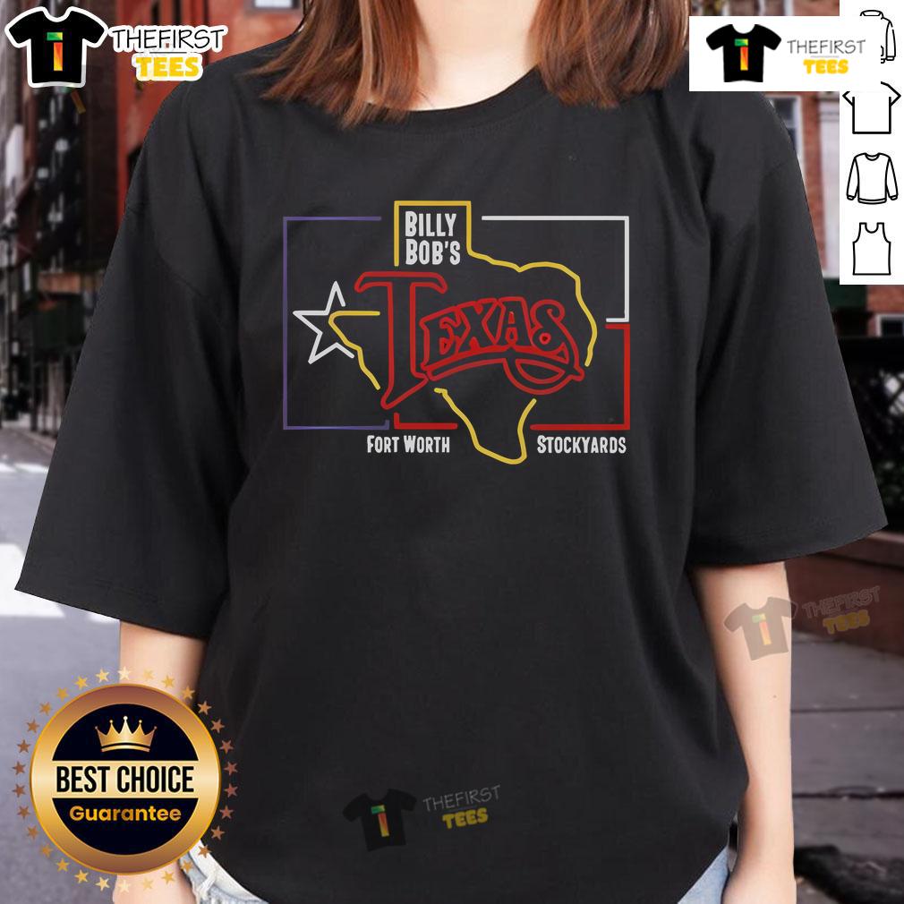 Official Billy Bob's Texas Fort Worth Stockyards logo on a neon ladies tee, showcasing vibrant colors and design.