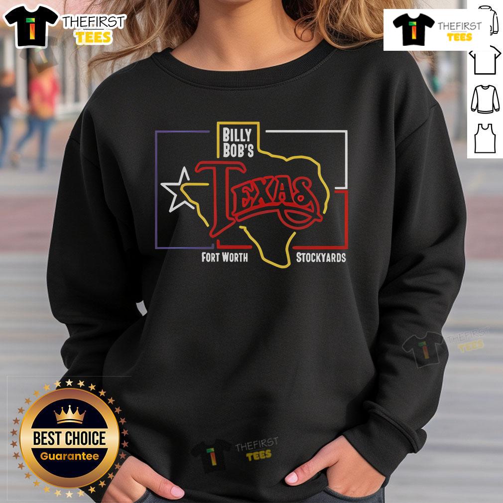 Alt Text: Official Billy Bob's Texas Fort Worth Stockyards logo on a vibrant neon sweatshirt, perfect for fans and visitors.