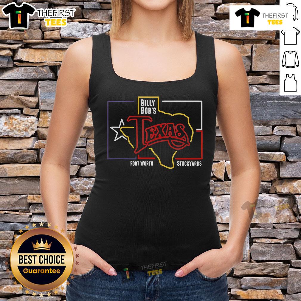 Official Billy Bob's Texas Fort Worth Stockyards logo on a vibrant neon tank top, perfect for fans of Texas culture.