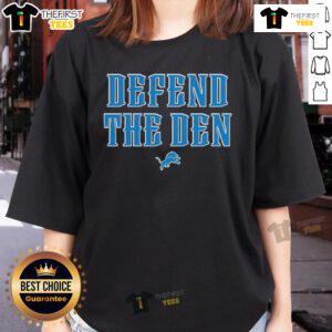 Official Detroit Lions Defend The Den Ladies Tee in navy blue with team logo, perfect for female fans of the NFL.