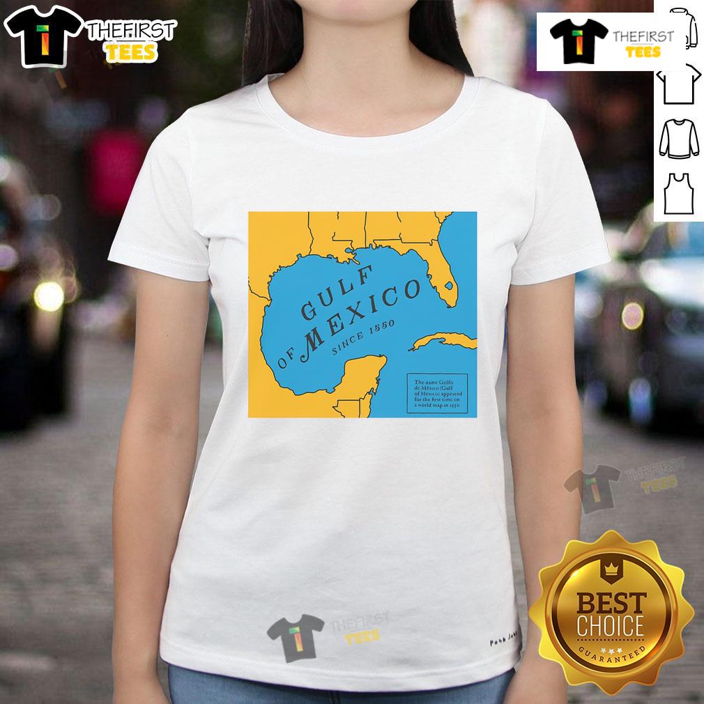 Official Gulf of Mexico Historic Map since 1550 on a ladies tee, showcasing vintage cartography and coastal details.