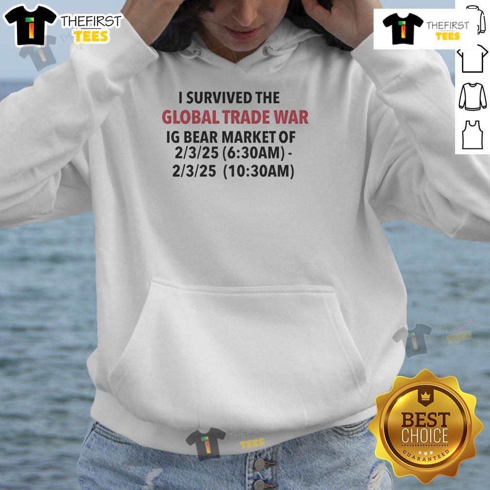 Official 'I Survived the 2025 Global Trade War' hoodie design featuring bear market graphics, ideal for traders.